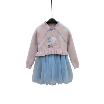 Autumn Winter Chinese Style Patchwork Mesh Skirt Buckle Kids Baby Girl Sweater Dress